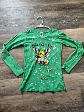 Vtg Ed Hardy Green Long-Sleeve Graphic Tee sz Small